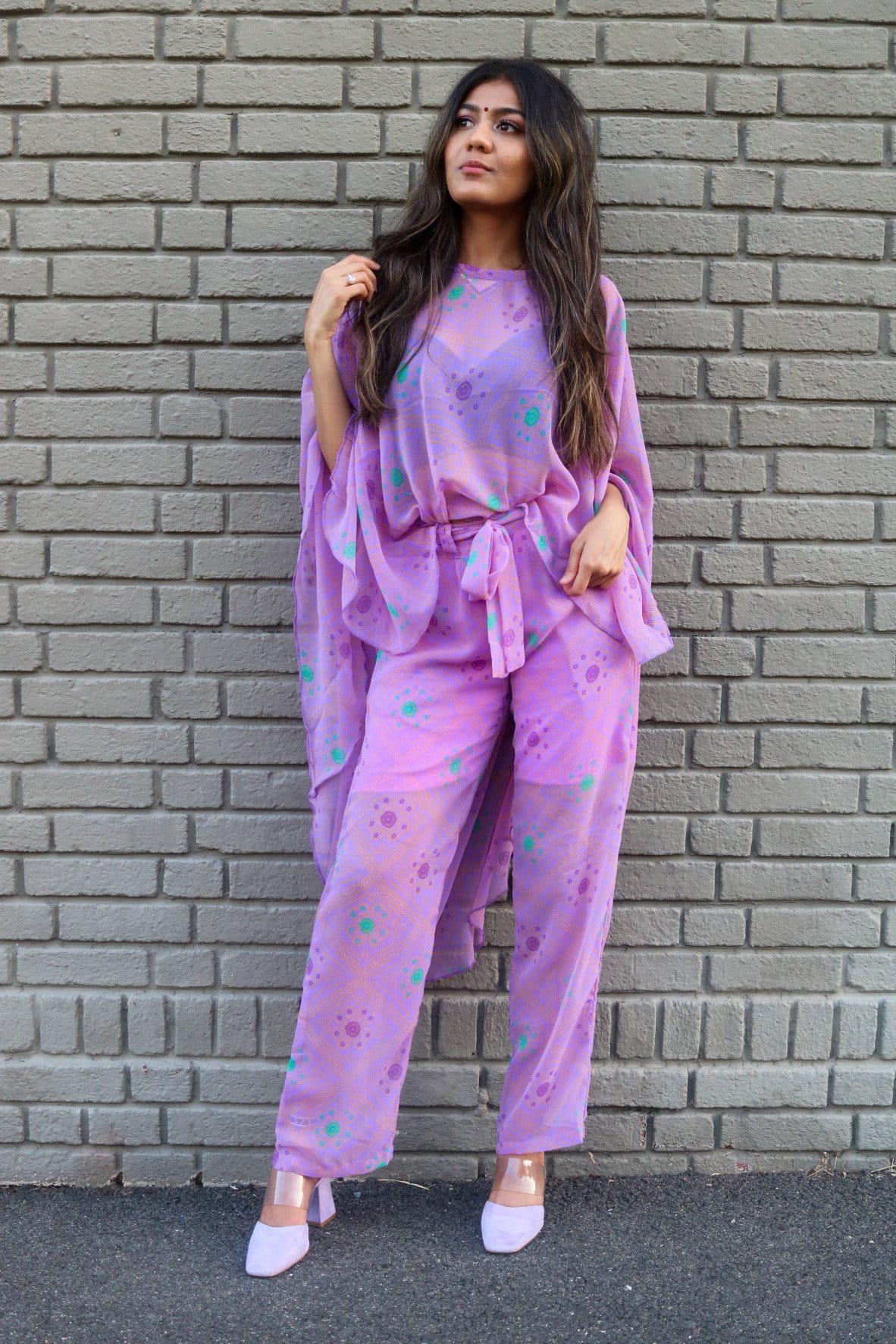 lavender georgette pants, bandhani print